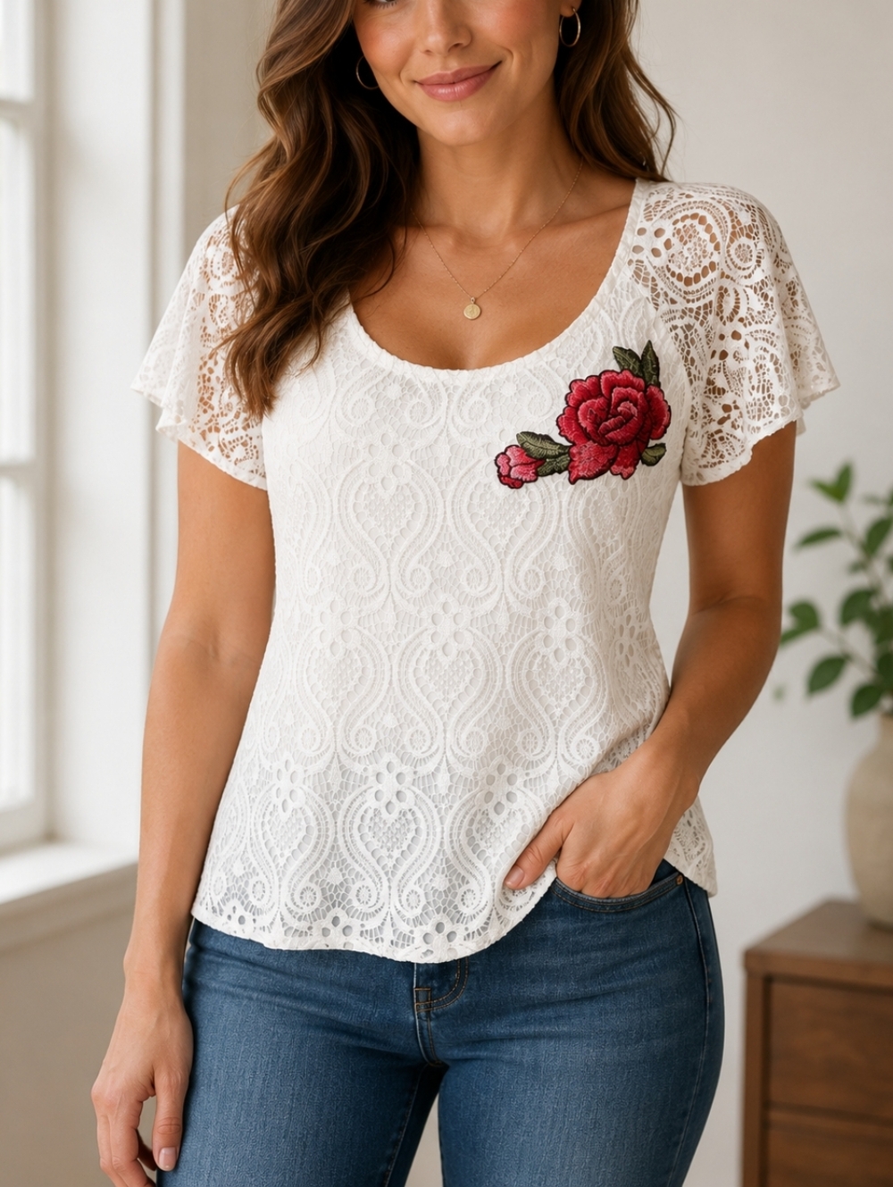 Cream Lace Top with Red Floral Accent